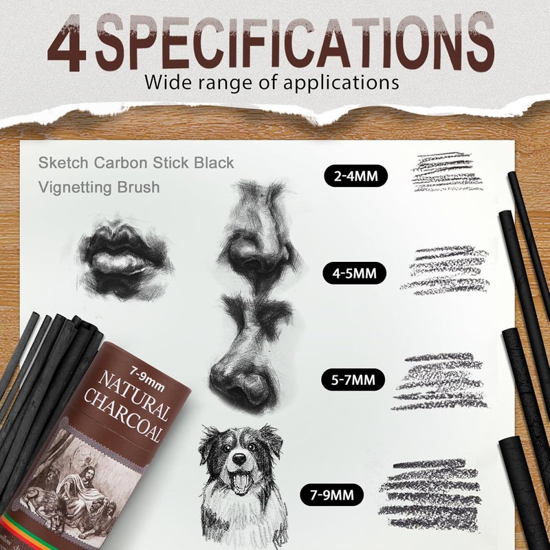 EVNEED 100 Pcs Willow Charcoal Sticks for Drawing,Willow Charcoal Pencils,Soft Black Drawing Charcoal for Sketching and Drawing Art Sketch Artists Supplies, and Fine Art (2-4mm,4-5mm,5-7mm,7-9mm) - Image 4